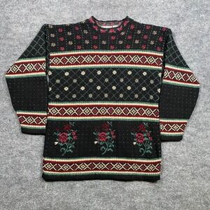 Vintage Basic Editions Floral Fair Isle Knit Sweater Mens Small Black Red USA
